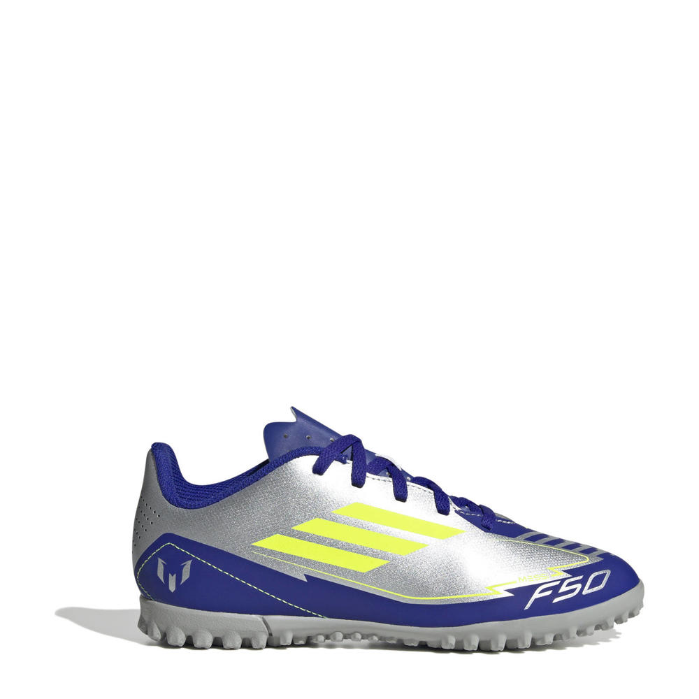 Kobaltblauw en gele jongens en meisjes adidas Performance F50 Club Messi junior voetbalschoenen zilvermetallic van imitatieleer/voering: mesh/voetbed: eva met veters