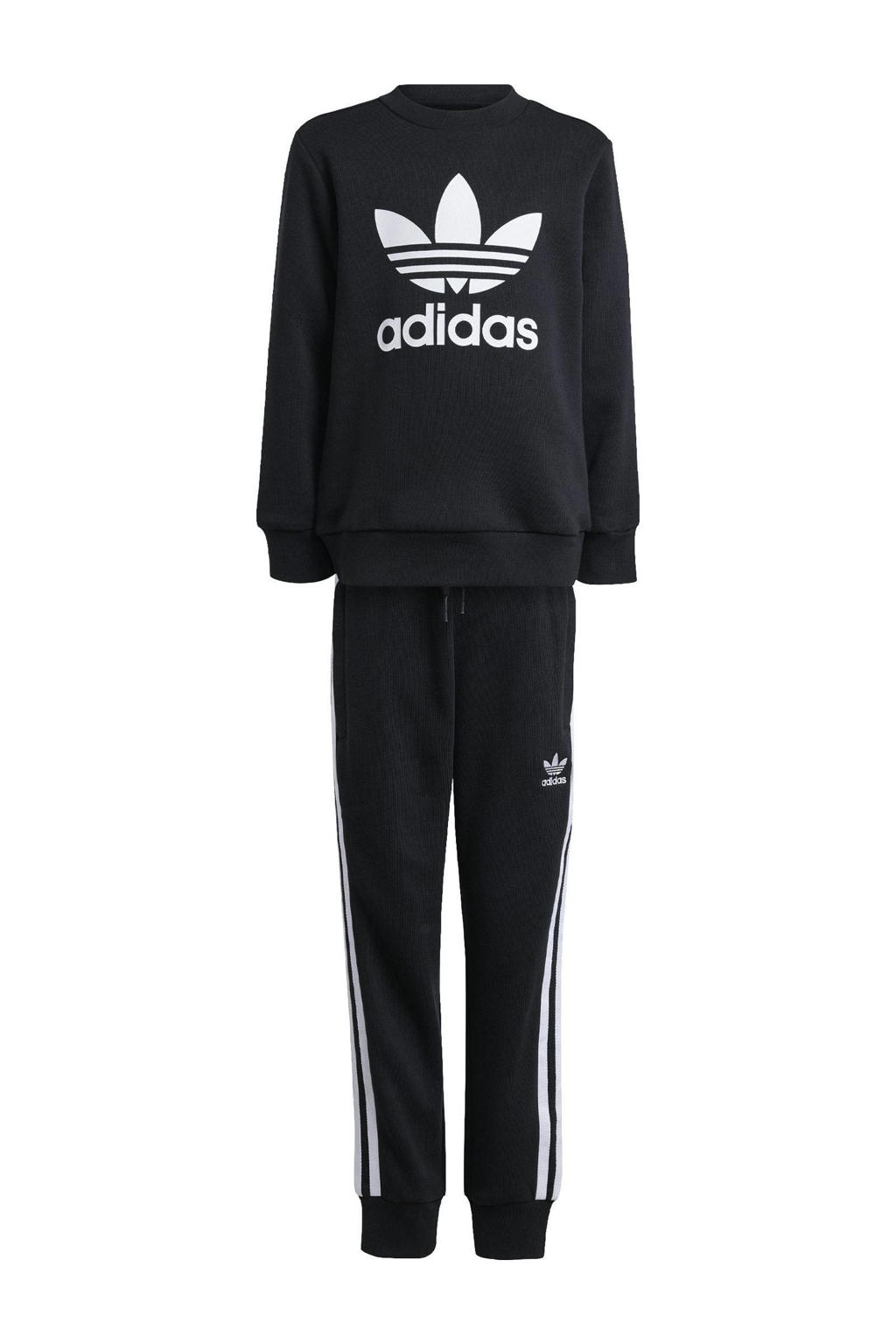 Zwarte jongens en meisjes adidas Originals joggingpak Adicolor van sweat materiaal met logo dessin, lange mouwen, ronde hals en elastische tailleband met koord