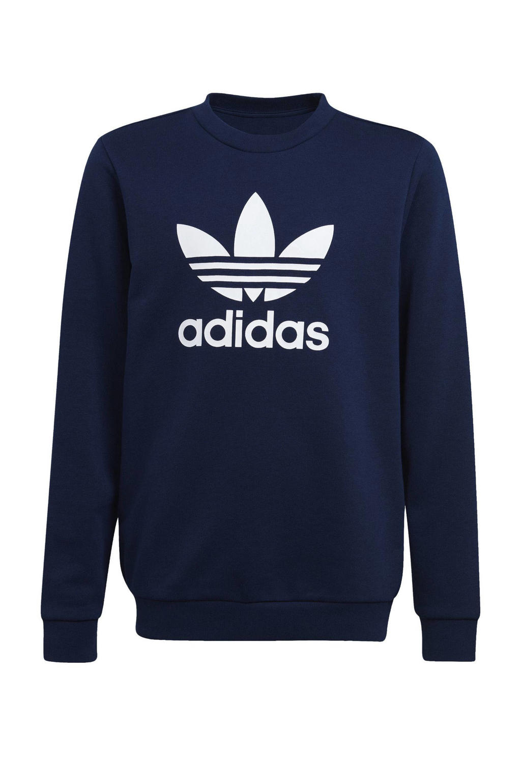 Donkerblauwe jongens en meisjes adidas Originals Trefoil sweater van katoen met logo dessin, lange mouwen en ronde hals
