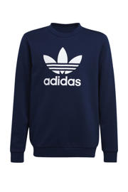 thumbnail: Donkerblauwe jongens en meisjes adidas Originals Trefoil sweater van katoen met logo dessin, lange mouwen en ronde hals