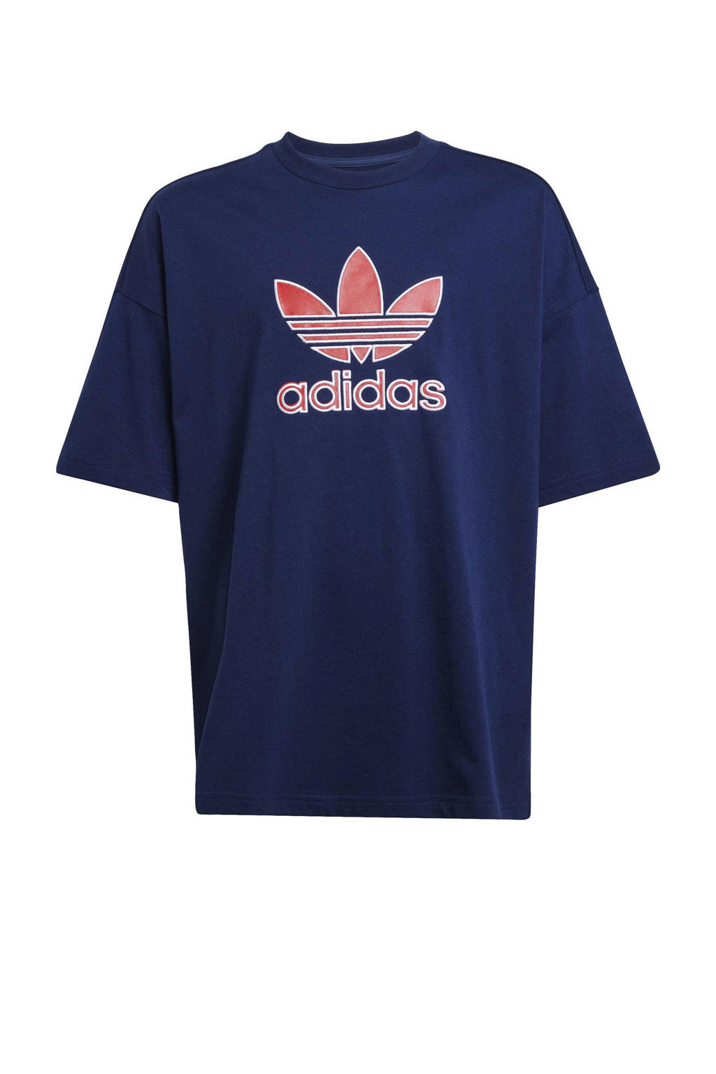 Donkerblauwe jongens en meisjes adidas Originals T-shirt Trefoil van katoen met logo dessin, korte mouwen en ronde hals