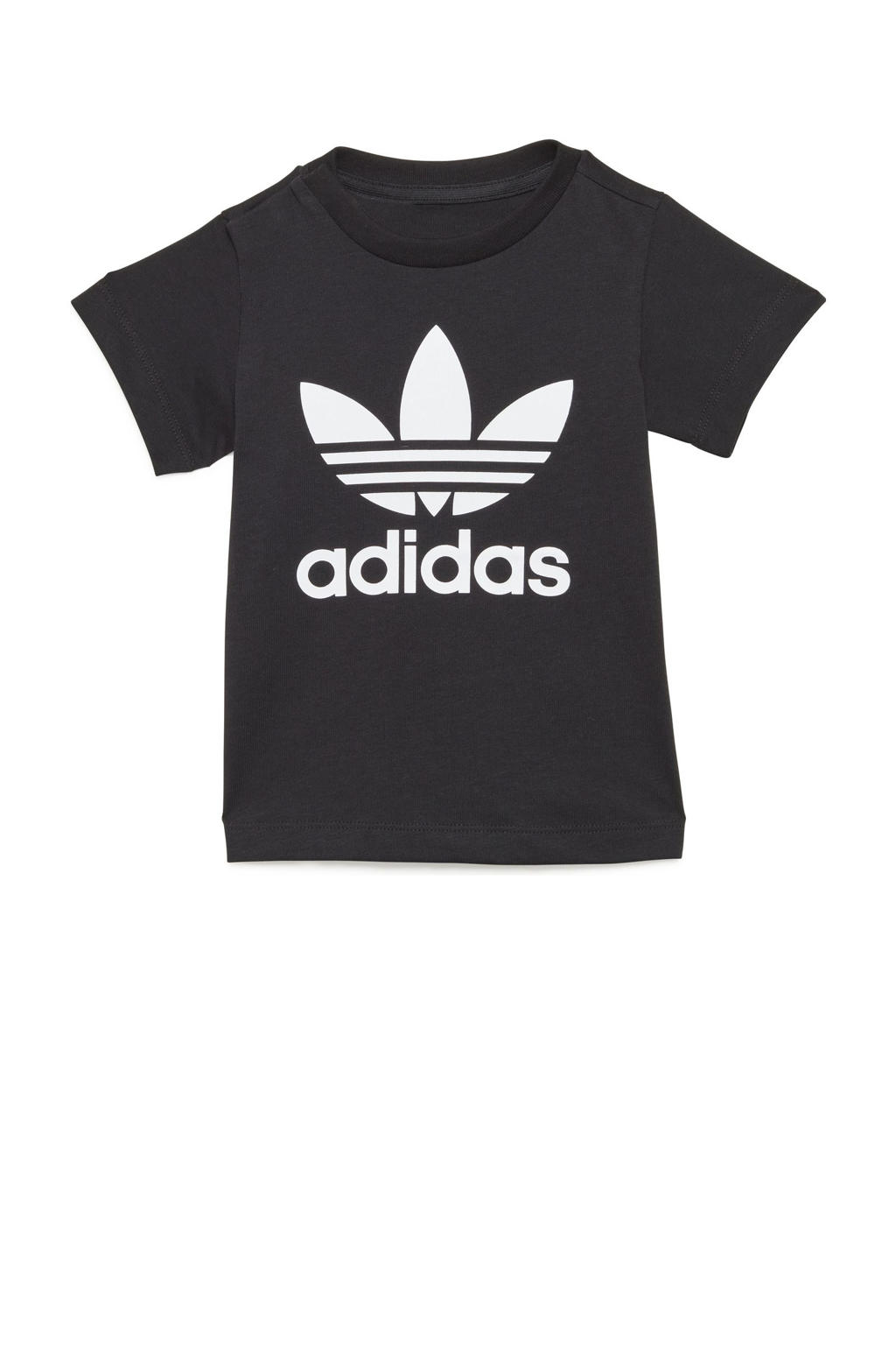 Zwart en witte jongens en meisjes adidas Originals Trefoil T-shirt van katoen met logo dessin, korte mouwen, ronde hals en drukknoopsluiting
