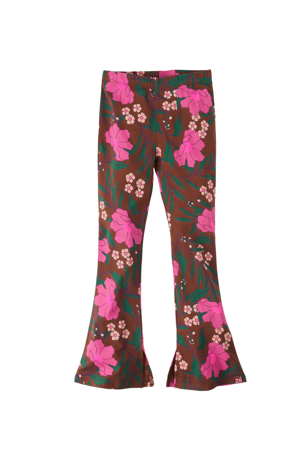 Bruin, roze en groene meisjes Z8 flared broek Ayla van stretchkatoen met regular waist, elastische tailleband en bloemenprint