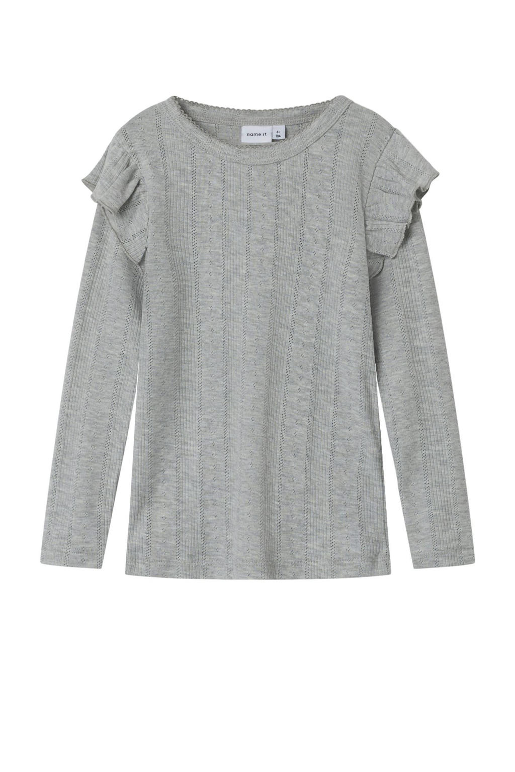 Grijs melange meisjes NAME IT MINI longsleeve melange van katoen met effen, lange mouwen, ronde hals en textuur