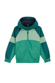 thumbnail: Groen, donkergroen en lichtgroene jongens WE Fashion jack van nylon met meerkleurige print, lange mouwen, ronde hals, ritssluiting en contrast bies