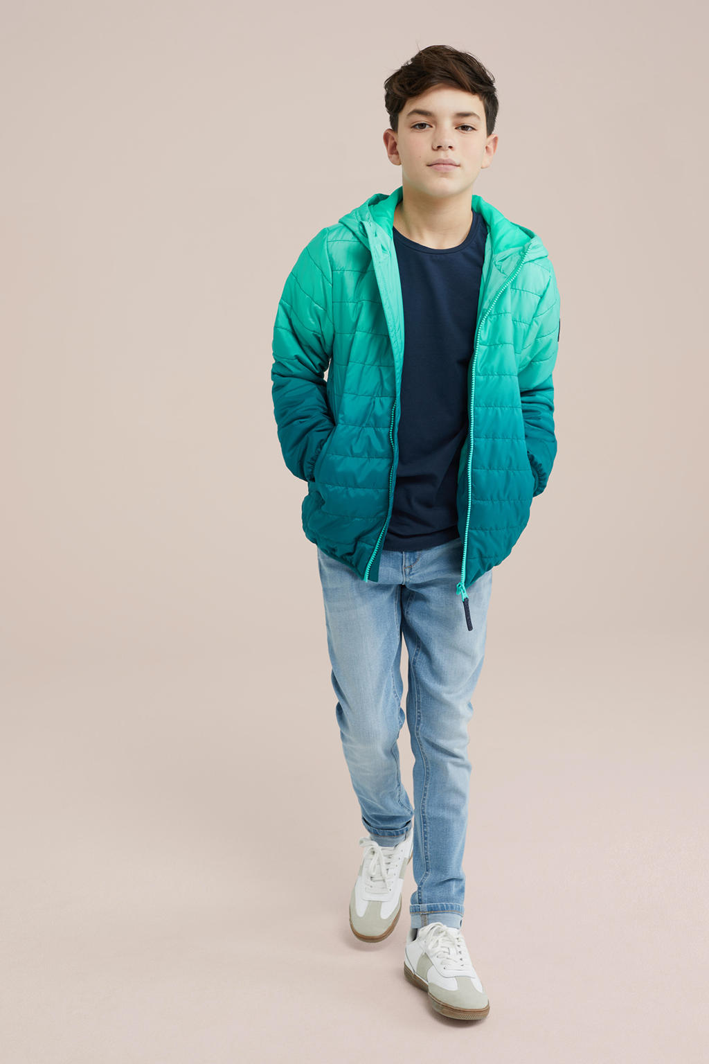Groene jongens WE Fashion Blue Ridge jack van polyester met effen, lange mouwen, ronde hals en ritssluiting