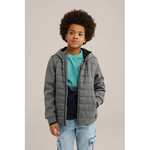 WE Fashion gewatteerde jas grijs Jongens Polyester Ronde hals Effen