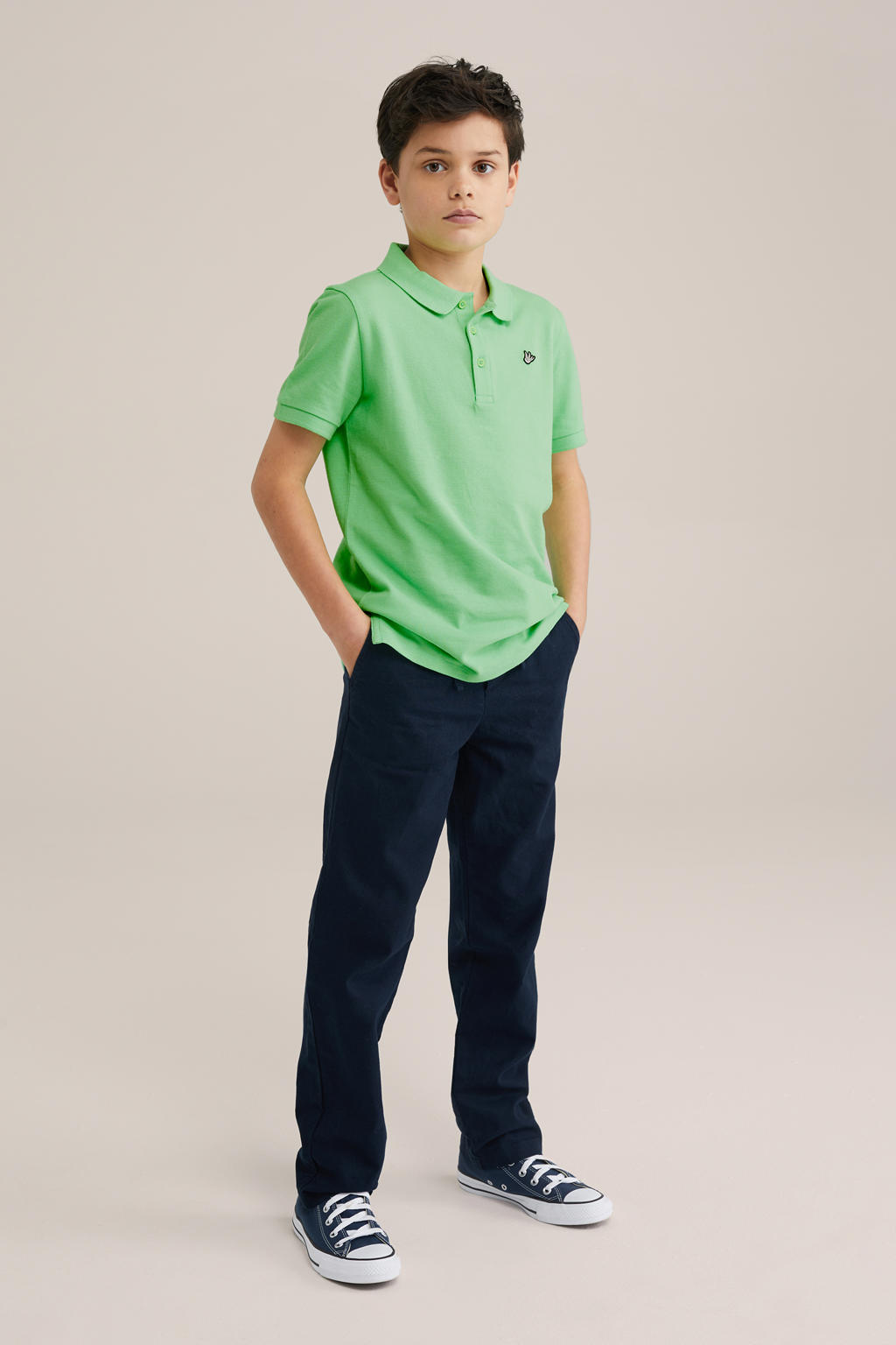 Donkerblauwe jongens WE Fashion Blue Ridge straight casual broek van katoenlinnen met rits- en knoopsluiting en effen