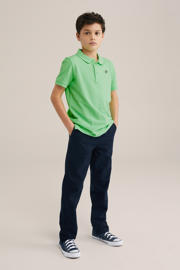 thumbnail: Donkerblauwe jongens WE Fashion Blue Ridge straight casual broek van katoenlinnen met rits- en knoopsluiting en effen