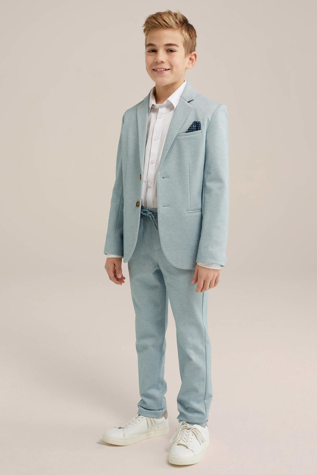 Lichtgroene jongens WE Fashion colbert van polyester met effen, lange mouwen, smokingkraag en knoopsluiting
