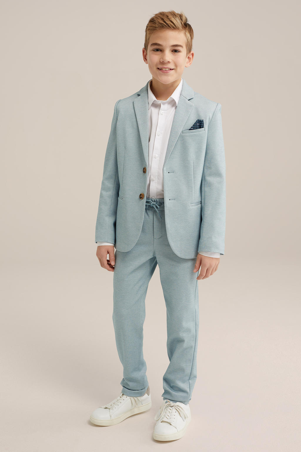Lichtgroene jongens WE Fashion slim casual broek van polyester met elastische tailleband met koord en effen