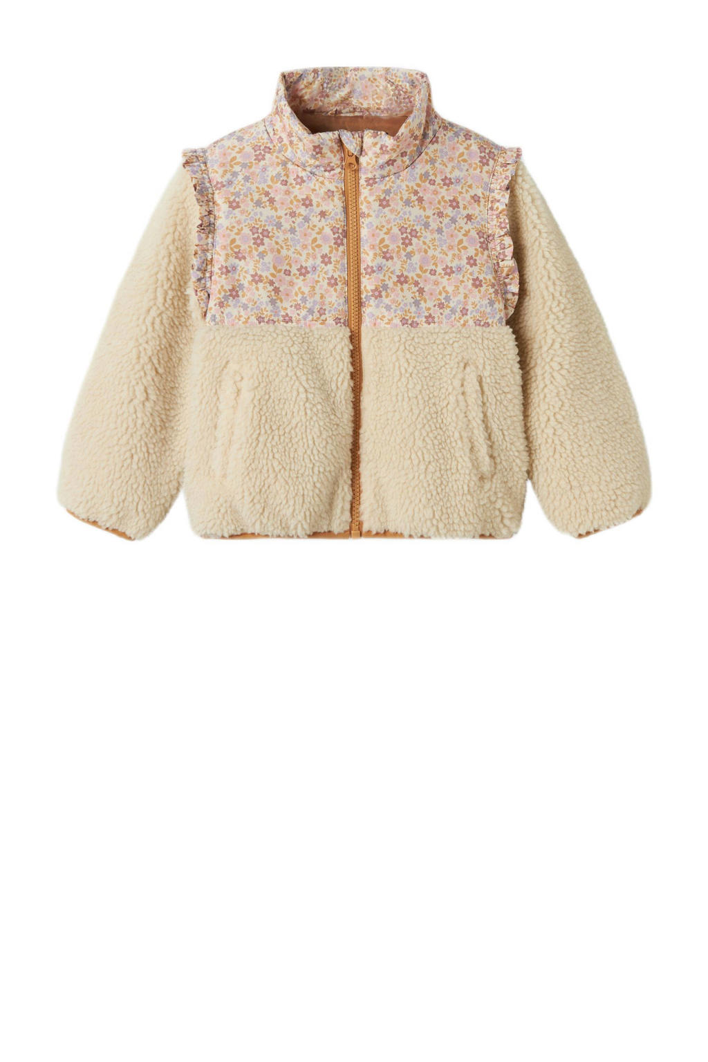 Beige meisjes NAME IT MINI teddy jas met bloemenprint, lange mouwen, opstaande kraag en ruches