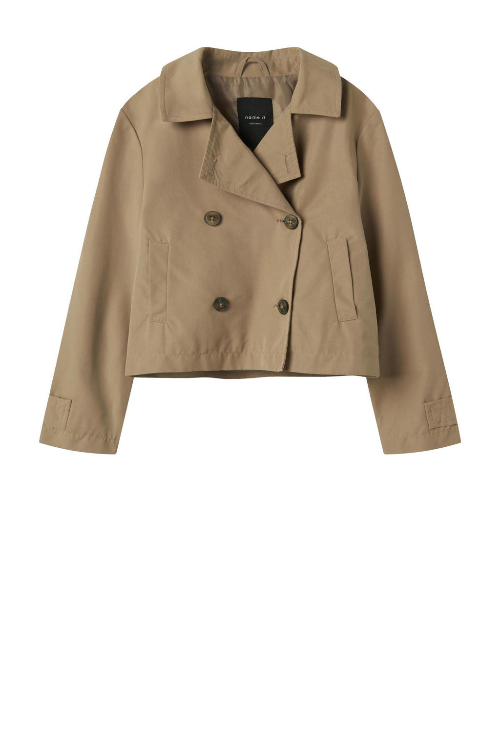 Bruine meisjes NAME IT KIDS trenchcoat van polyester met effen, lange mouwen en reverskraag