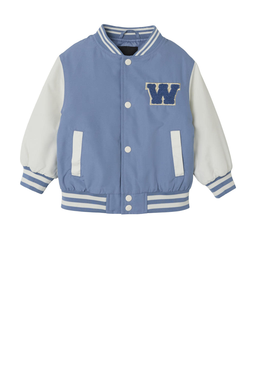 Blauw en witte jongens NAME IT MINI bomberjack van polyester met meerkleurige print, lange mouwen, ronde hals, drukknoopsluiting en geribde boorden