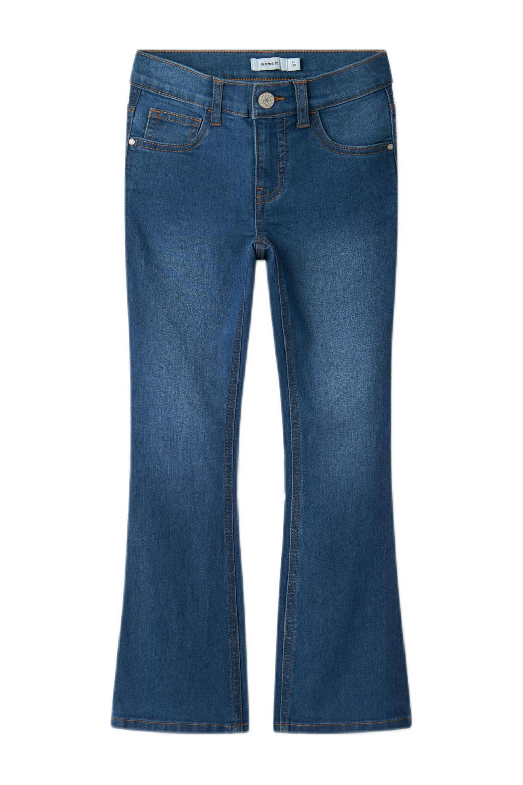 Dark blue denim meisjes NAME IT KIDS bootcut jeans dark blue van stretchdenim met rits- en haaksluiting en effen