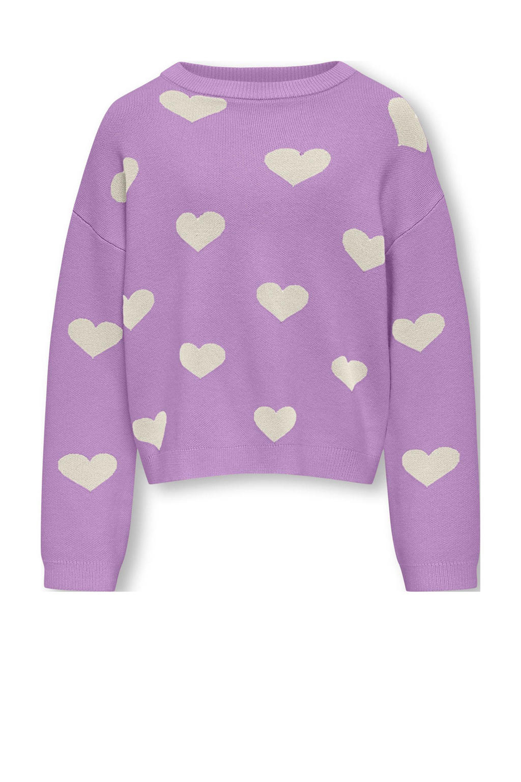 Violetkleurige meisjes KIDS ONLY GIRL trui fijn gebreid van viscose met hartjesprint, lange mouwen en ronde hals