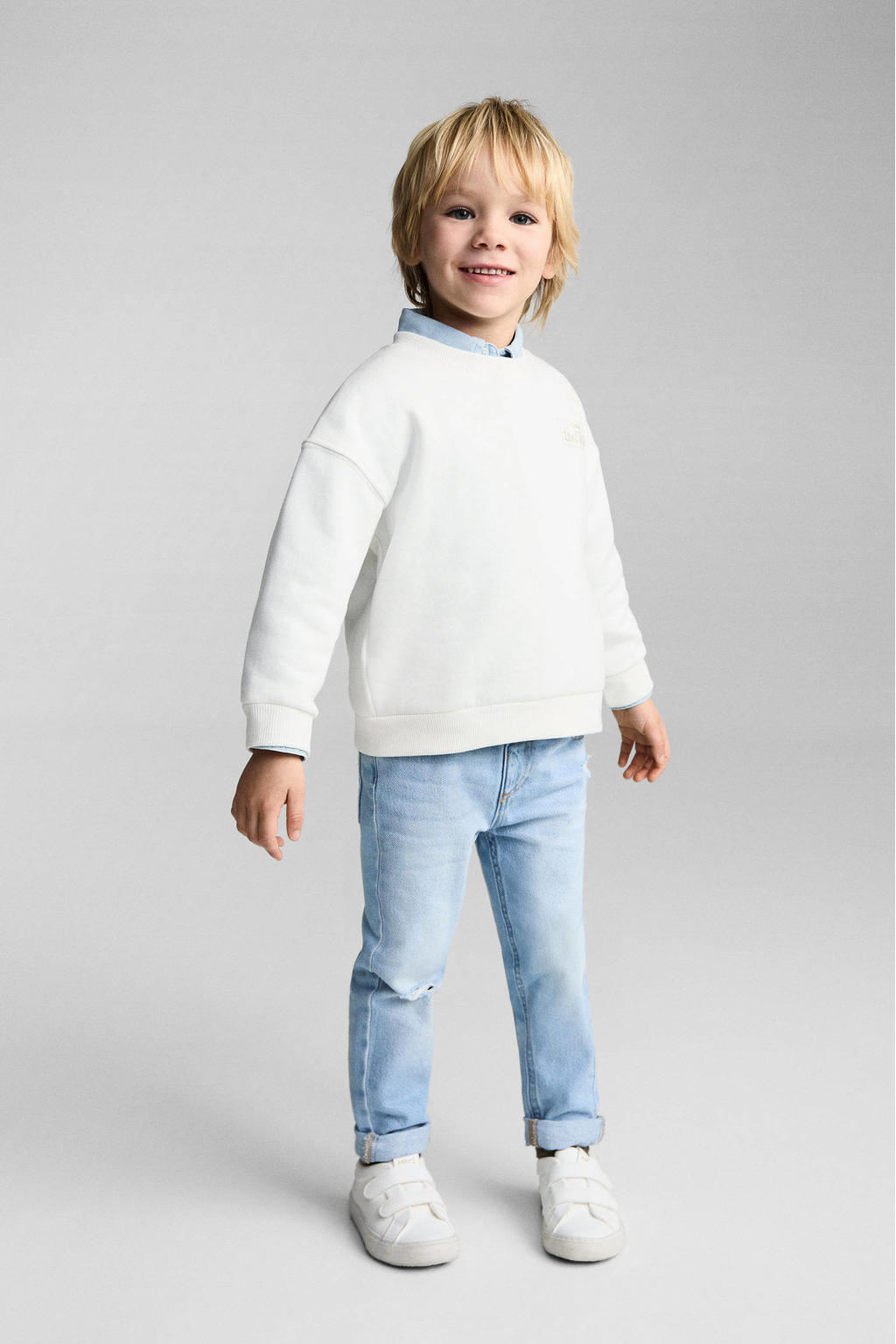 Ecru jongens Mango Kids sweater met backprint, lange mouwen en ronde hals