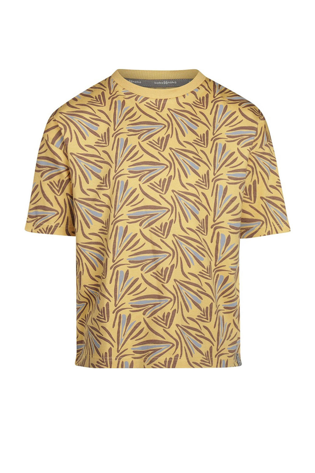 Geel, bruin en lichtblauwe jongens Koko Noko T-shirt van stretchkatoen met korte mouwen en ronde hals