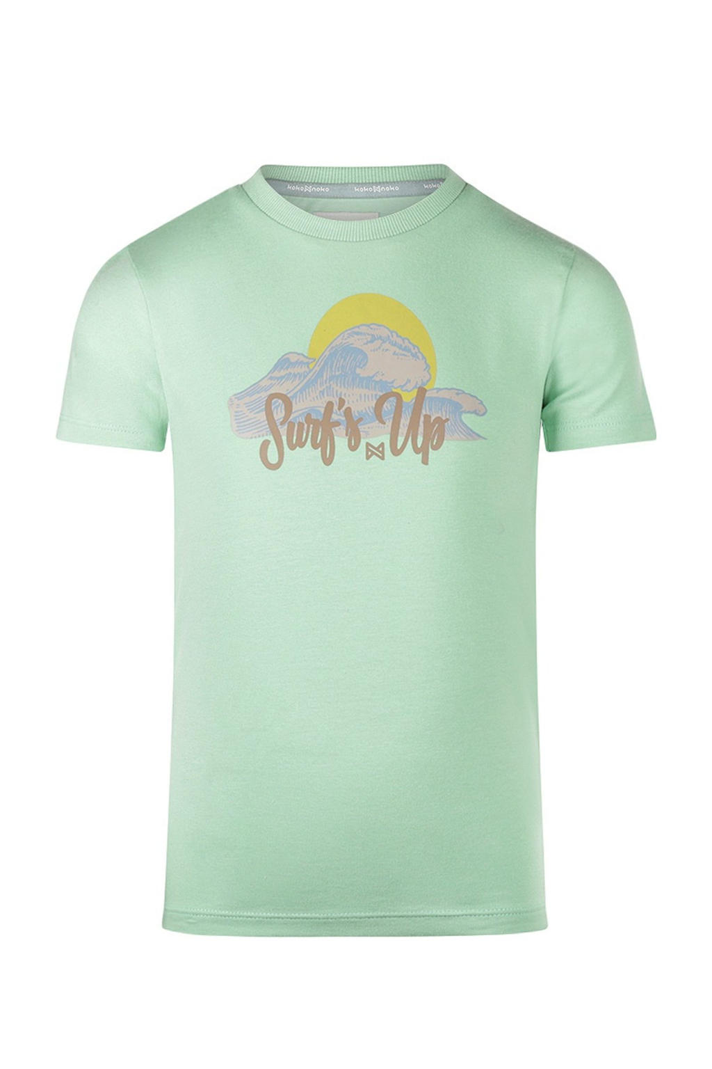 Mintgroene jongens Koko Noko T-shirt van stretchkatoen met printopdruk, korte mouwen en ronde hals