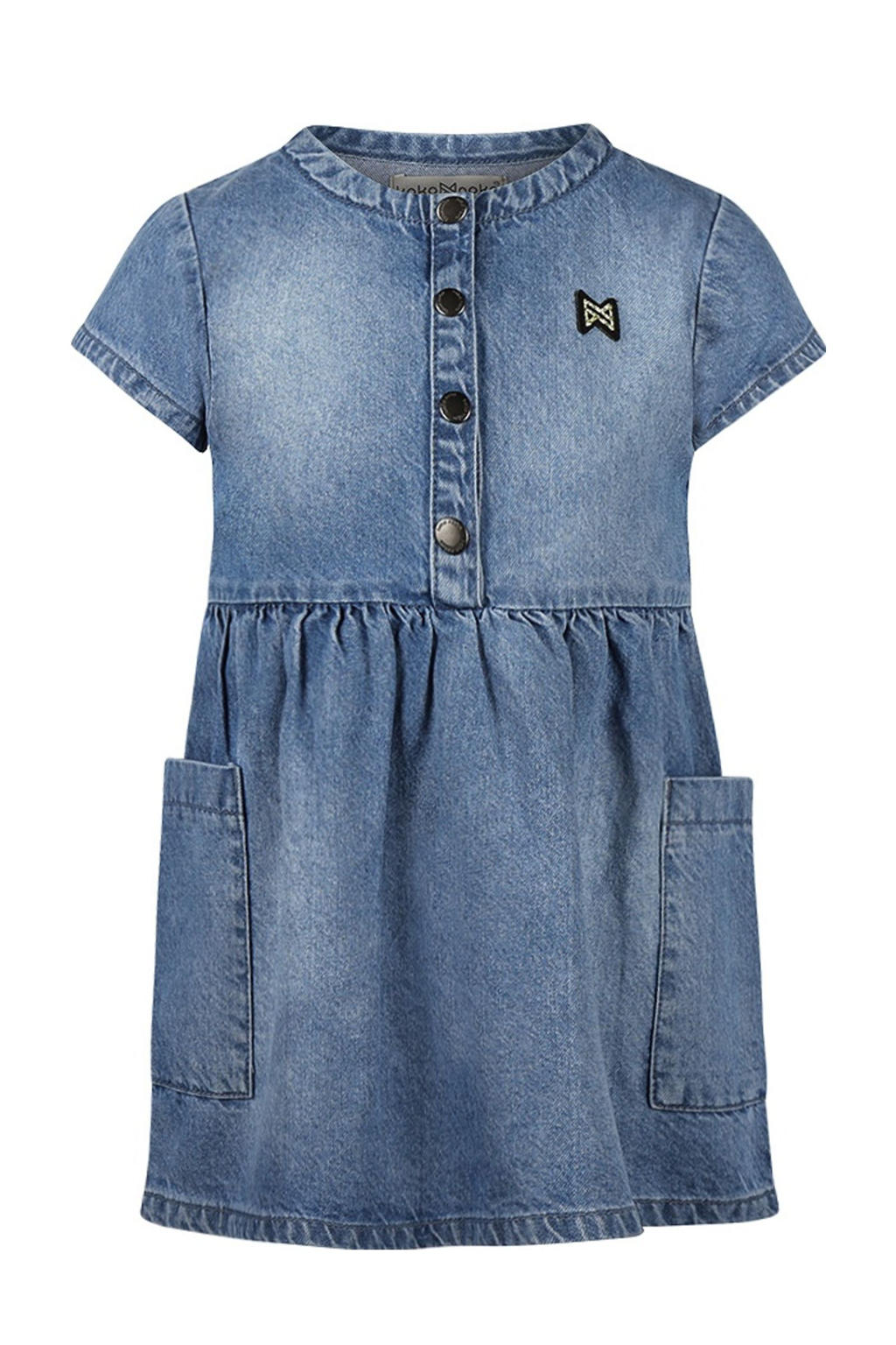 Medium blue denim meisjes Koko Noko korte jurk van denim met effen, korte mouwen en ronde hals