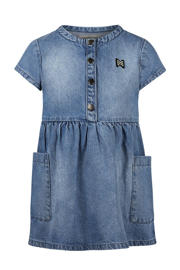 thumbnail: Medium blue denim meisjes Koko Noko korte jurk van denim met effen, korte mouwen en ronde hals