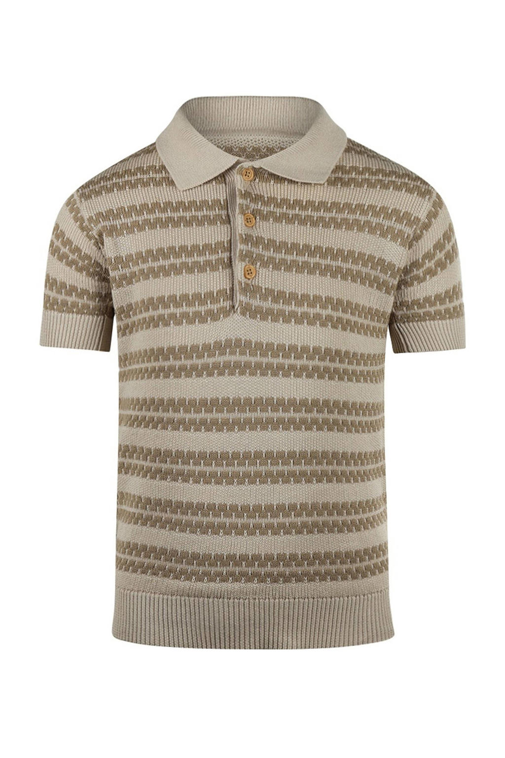 Bruin en beige jongens Koko Noko polo gebreid van stretchkatoen met strepenprint en korte mouwen