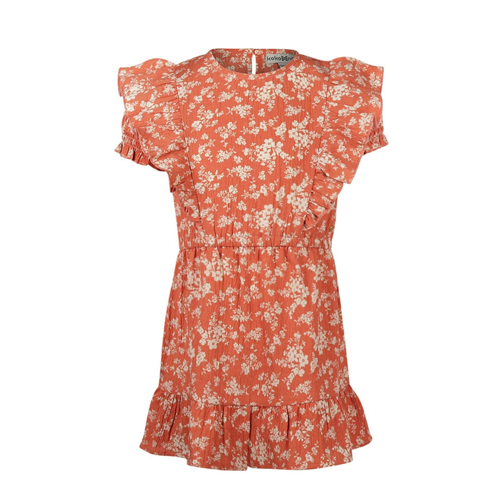 Oranje en ecru meisjes Koko Noko korte jurk van polyester met bloemenprint, korte mouwen en ronde hals