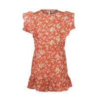 thumbnail: Oranje en ecru meisjes Koko Noko korte jurk van polyester met bloemenprint, korte mouwen en ronde hals