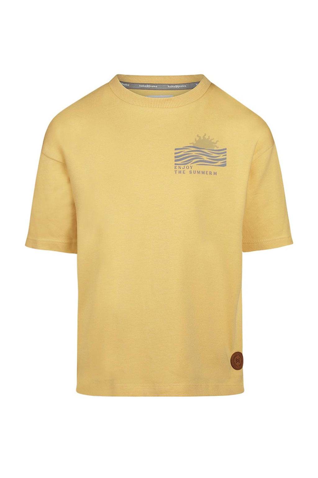 Geel en blauwe jongens Koko Noko T-shirt van stretchkatoen met backprint, korte mouwen en ronde hals