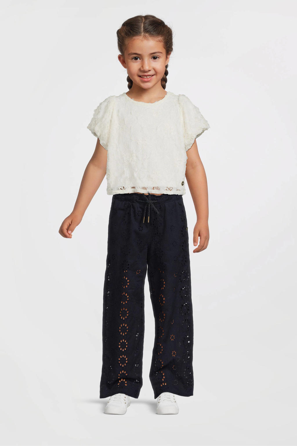 Donkerblauwe meisjes Like Flo straight casual broek van kant met regular waist, elastische tailleband met koord en effen