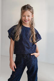 thumbnail: Donkerblauwe meisjes Like Flo blousetop broderie van kant met effen, korte mouwen, ronde hals en knoopsluiting