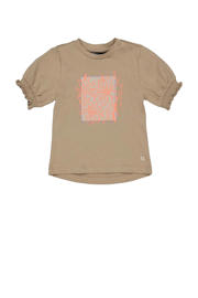 thumbnail: Zand, beige en oranje meisjes Quapi Mini T-shirt van stretchkatoen met printopdruk, korte mouwen, ronde hals en pofmouwen