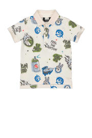 thumbnail: Ecru, blauw en olijfgroene jongens Quapi Mini polo van stretchkatoen met korte mouwen en knoopsluiting