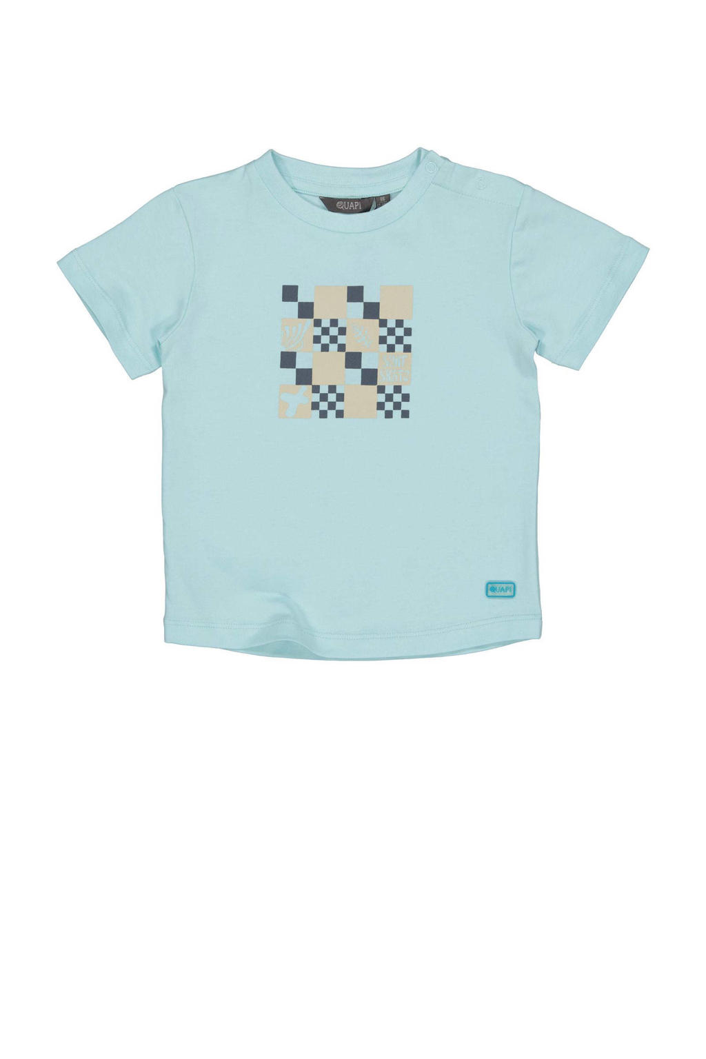 Lichtblauw en blauwe jongens Quapi Mini T-shirt van stretchkatoen met printopdruk, korte mouwen, ronde hals en drukknoopsluiting