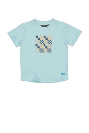thumbnail: Lichtblauw en blauwe jongens Quapi Mini T-shirt van stretchkatoen met printopdruk, korte mouwen, ronde hals en drukknoopsluiting