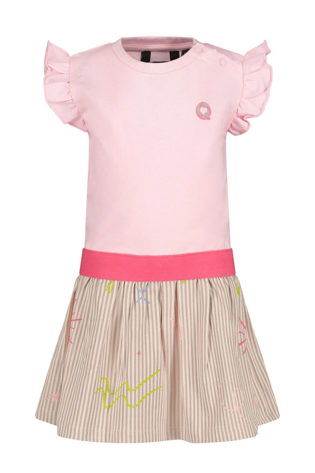 Roze, beige en gele meisjes Quapi Mini zomerjurk van stretchkatoen met korte mouwen, ronde hals en ruches