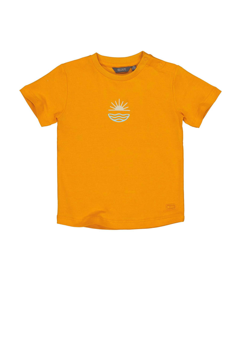 Oranje jongens Quapi Mini T-shirt van stretchkatoen met printopdruk, korte mouwen, ronde hals en drukknoopsluiting