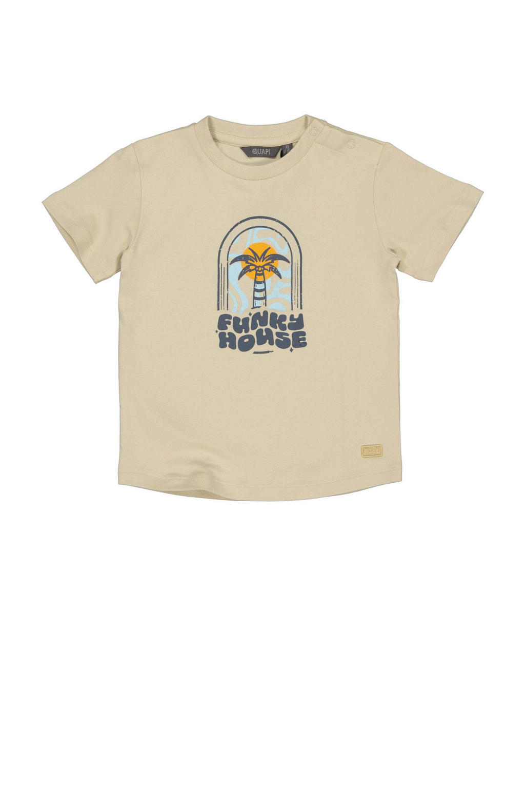 Beige, antraciet en lichtblauwe jongens Quapi Mini T-shirt van stretchkatoen met printopdruk, korte mouwen en ronde hals