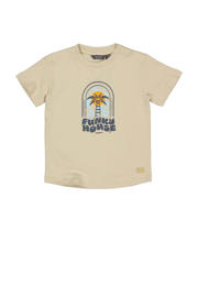 thumbnail: Beige, antraciet en lichtblauwe jongens Quapi Mini T-shirt van stretchkatoen met printopdruk, korte mouwen en ronde hals