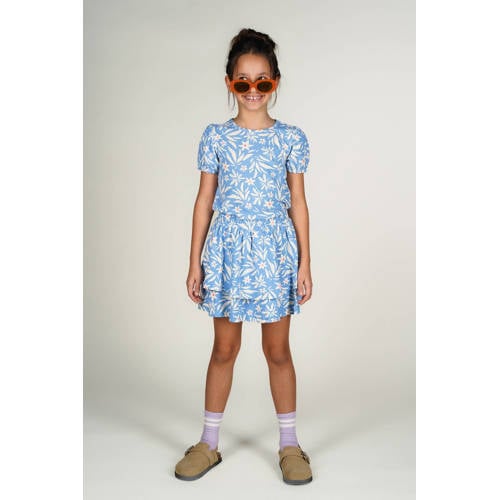 Moodstreet T-shirt lichtblauw Meisjes Stretchkatoen Ronde hals Bloemen