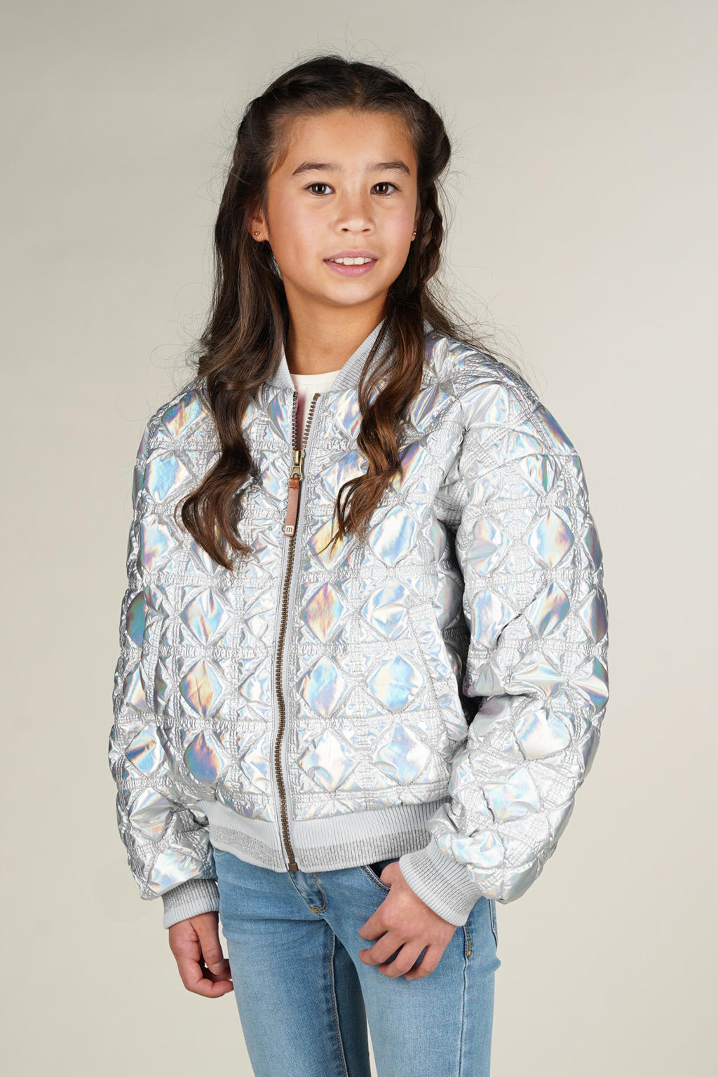 Zilverkleurige meisjes Moodstreet bomberjack van polyester met effen, lange mouwen, klassieke kraag, ritssluiting en glimmend detail
