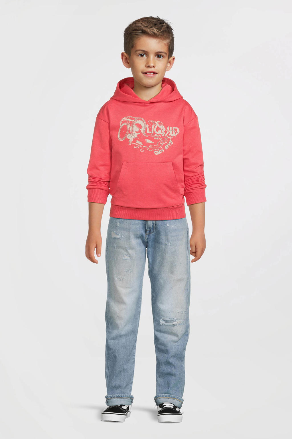 Rode jongens Quapi hoodie van sweat materiaal met effen, lange mouwen en capuchon