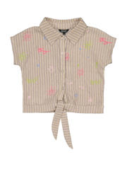 thumbnail: Beige, paars en roze meisjes Quapi blouse van polyester met korte mouwen, klassieke kraag, knoopsluiting en knoopdetail