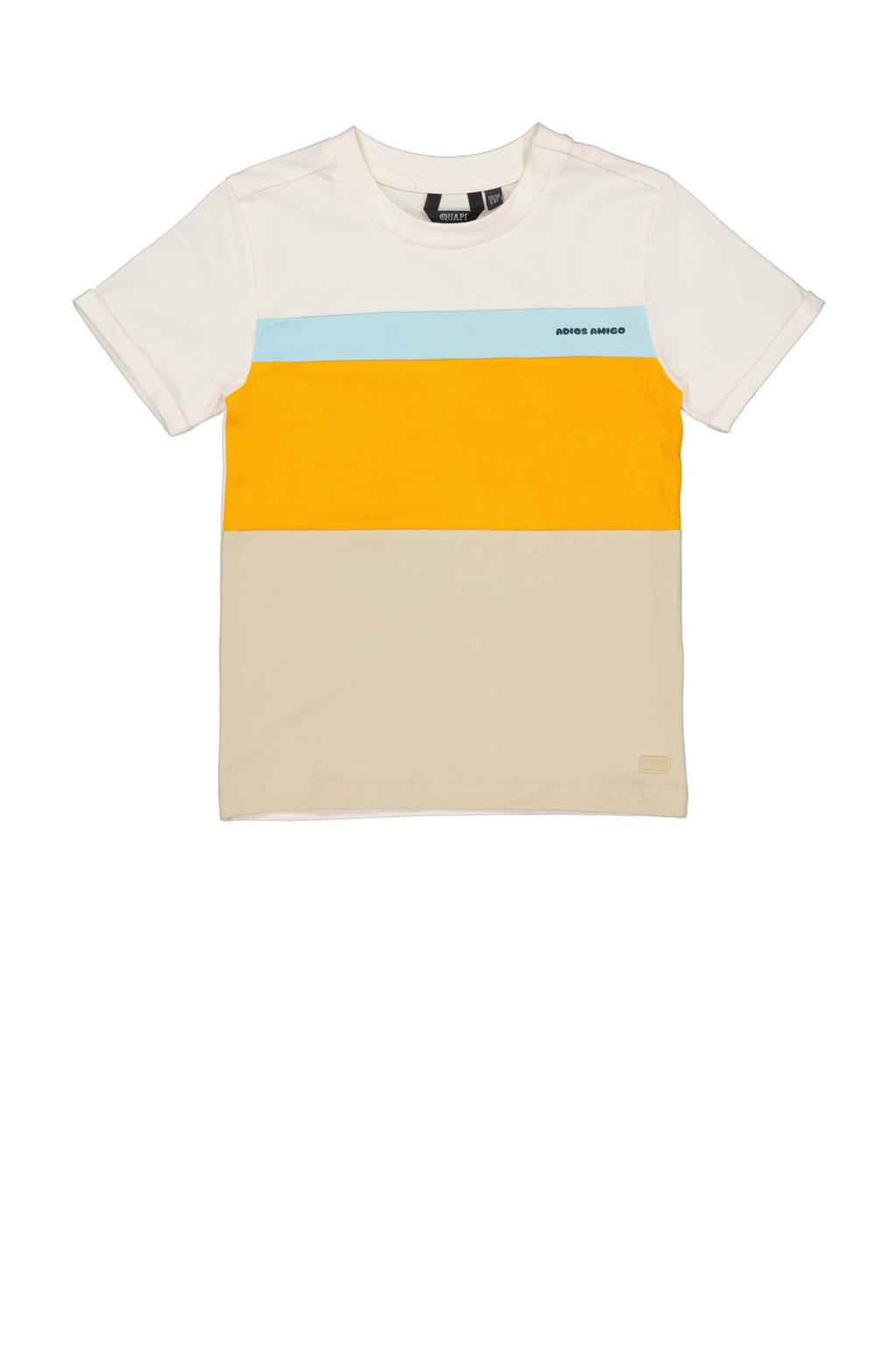 Ecru, beige en gele jongens Quapi T-shirt van katoen met meerkleurige print, korte mouwen en ronde hals