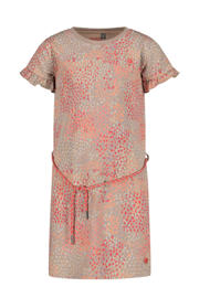 thumbnail: Taupe, rood en oranje meisjes Quapi T-shirtjurk van katoen met meerkleurige print, korte mouwen en ronde hals