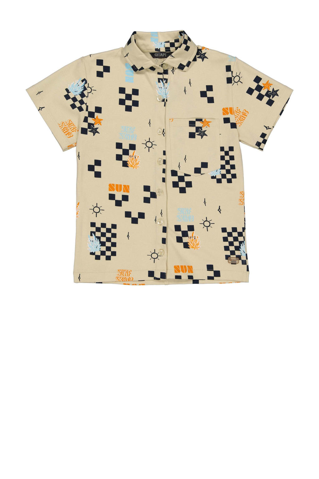 Beige, donkerblauw en oranje jongens Quapi overhemd van katoen met korte mouwen, klassieke kraag en knoopsluiting