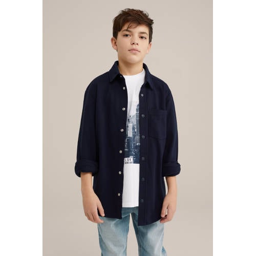 WE Fashion overhemd donkerblauw Jongens Katoen Klassieke kraag Effen