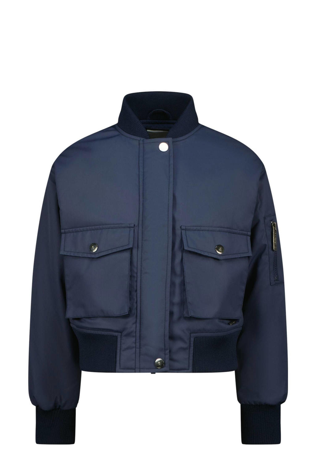 Donkerblauwe meisjes Raizzed bomberjack van polyester met effen, lange mouwen, opstaande kraag, rits- en drukknoopsluiting en geribde boorden