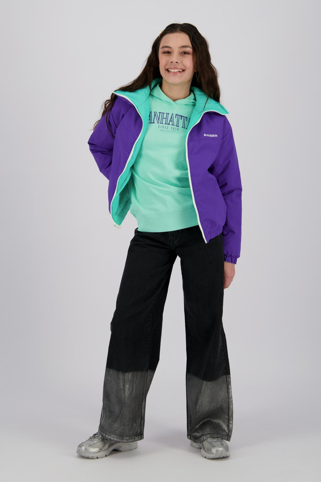 Groen en paarse meisjes Raizzed reversible jas van nylon met effen, lange mouwen, opstaande kraag en ritssluiting