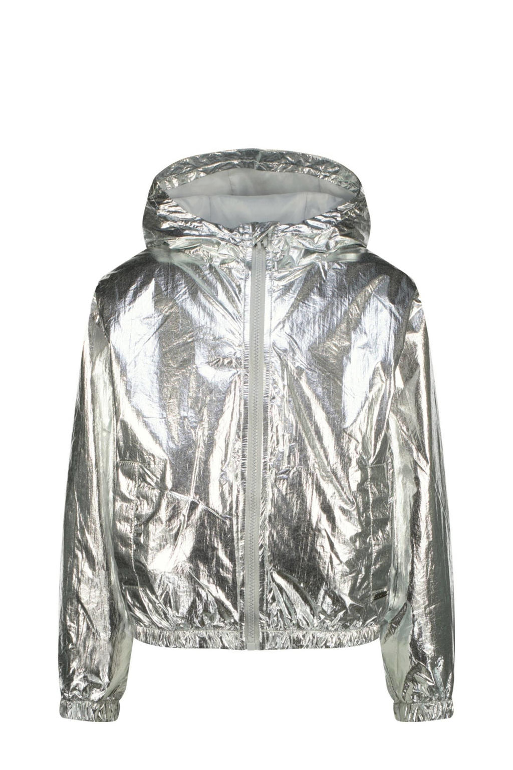 Zilverkleurige meisjes Raizzed jack van polyester met effen, lange mouwen, capuchon en ritssluiting